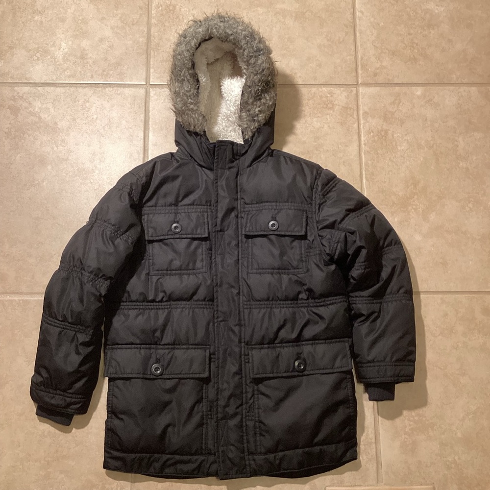 Old Navy Black Parka with Fur Lined Hood 2 Way Zipper Unisex Kids Size M…